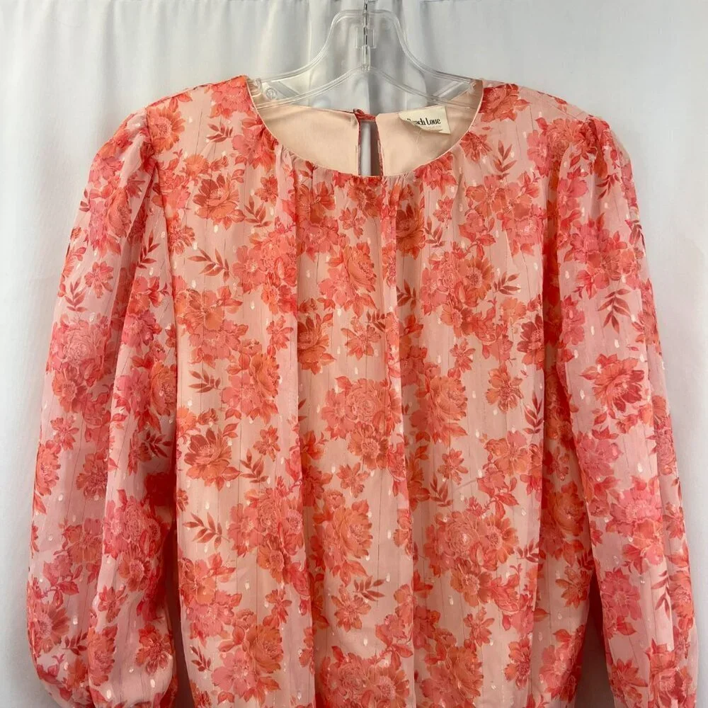 Peach Love Floral Bodysuit Long Smocked Bishop Sleeve Pink Size Small